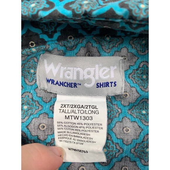 Vintage Wrangler Wrancher Pearl Snap Shirt Men 2XT Blue Geometric Western Tall - Picture 3 of 8
